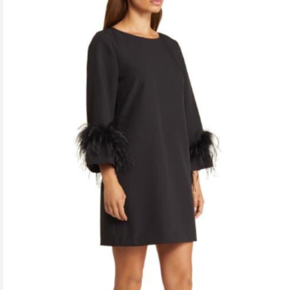 New w/Tags Sam Edelman Feather Trim 3/4 Sleeve Cocktail Dress, Black, Size 2